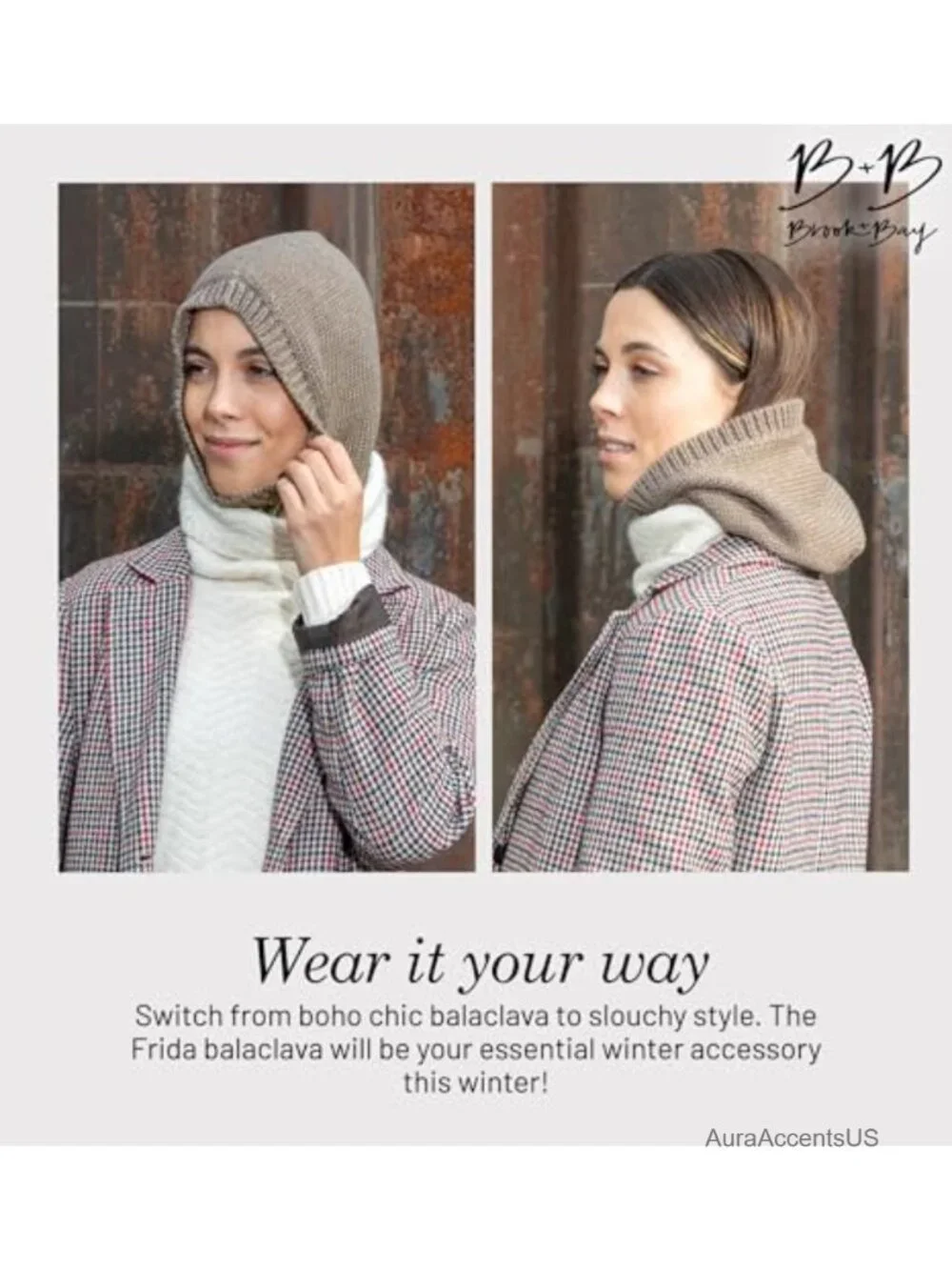 Knitted Hooded Scarf for Women, Water Resistant, Winter Neck Warmer, Beanie